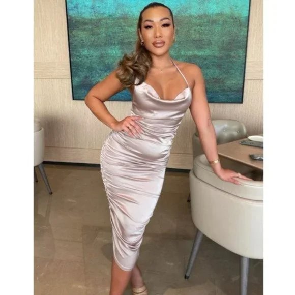 Nude Satin Sleeveless Halter Neck Cowl Neck Backless Ruched Bodycon Midi Dress - Picture 8 of 17